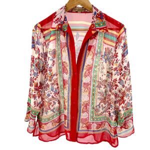 Vintage Y2K Notations Red Scarf Print Sheer Ruffle Cuff Blouse